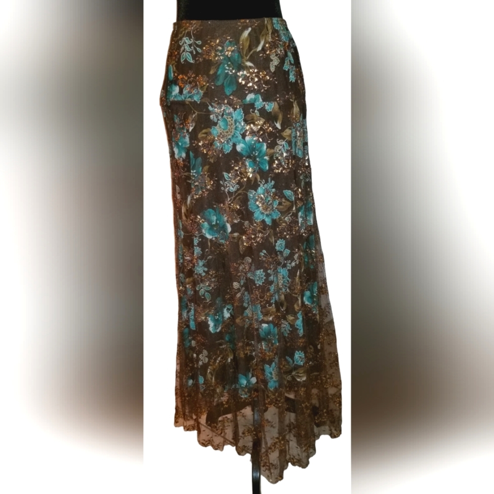 Beautiful Coldwater Creek copper & teal midi skirt with embroidered mesh overlay
